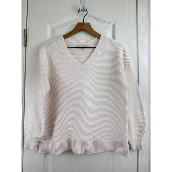 LOFT Women's Off White V-Neck 100% Cotton Sweater Size M Medium - Picture 1 of 9